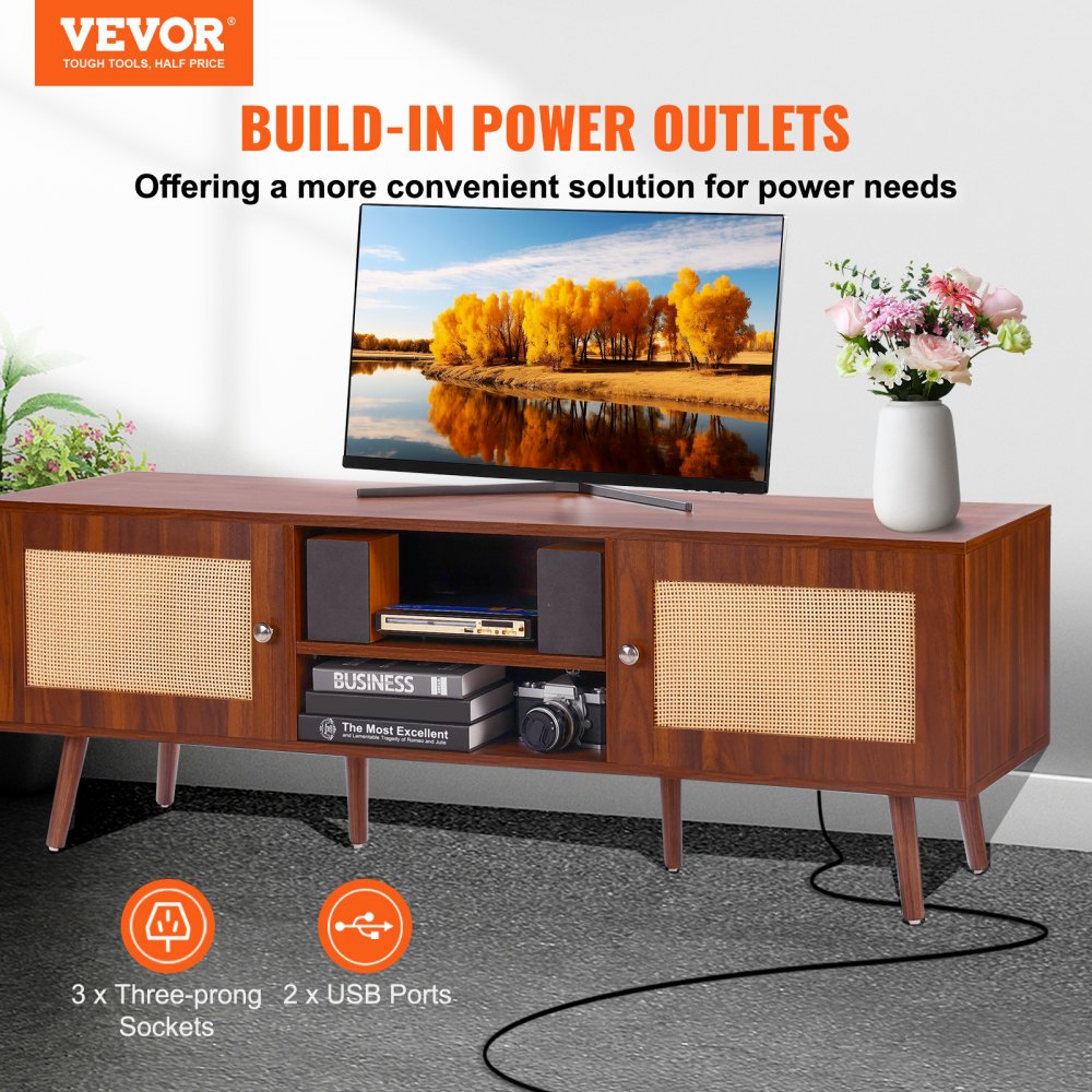10FJTRTVO1BW - Modern Rattan TV Stand with Built-in Socket, 65in Capacity