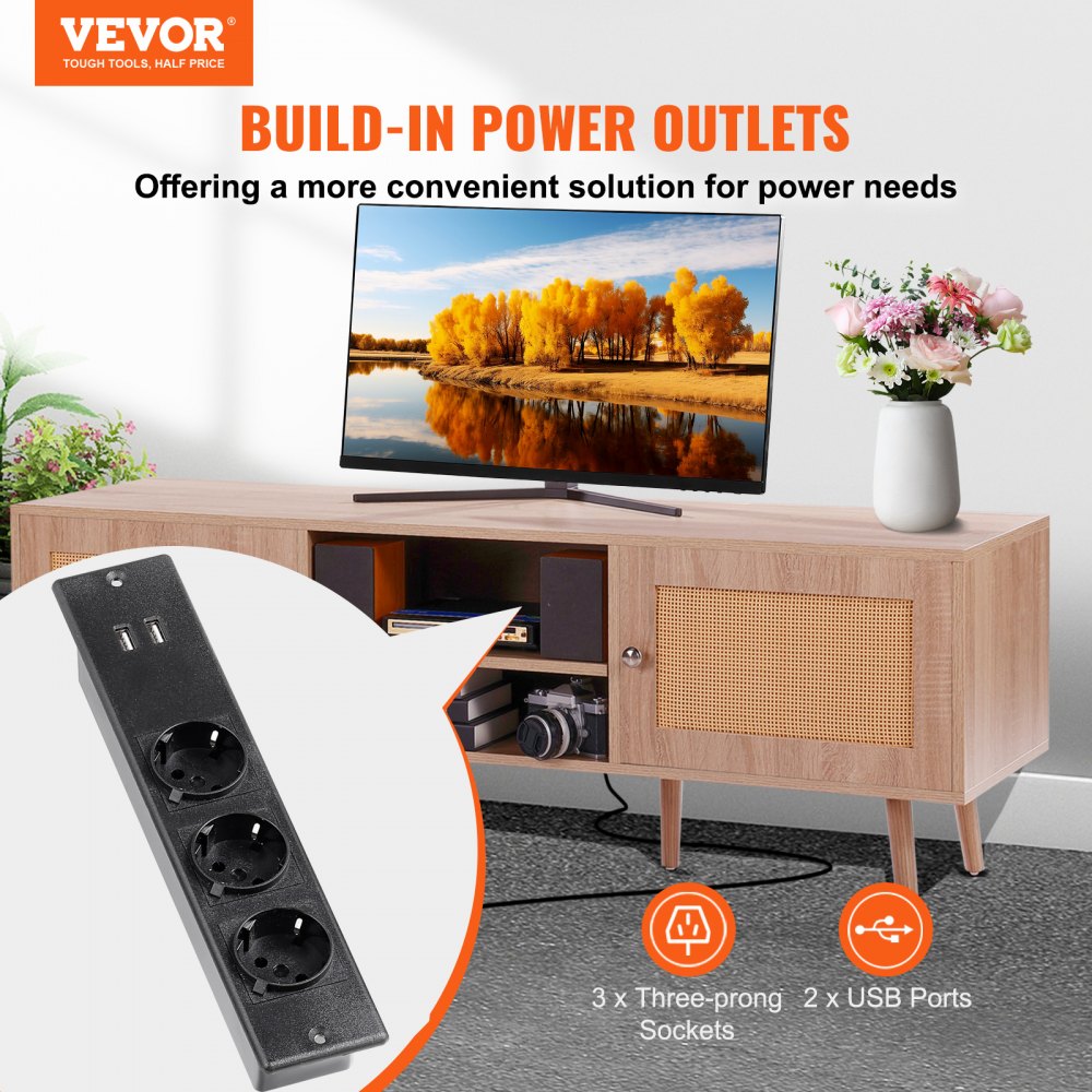 11FJTRTVO1BC - 55in Rattan TV Stand for 65in TVs with USB Ports