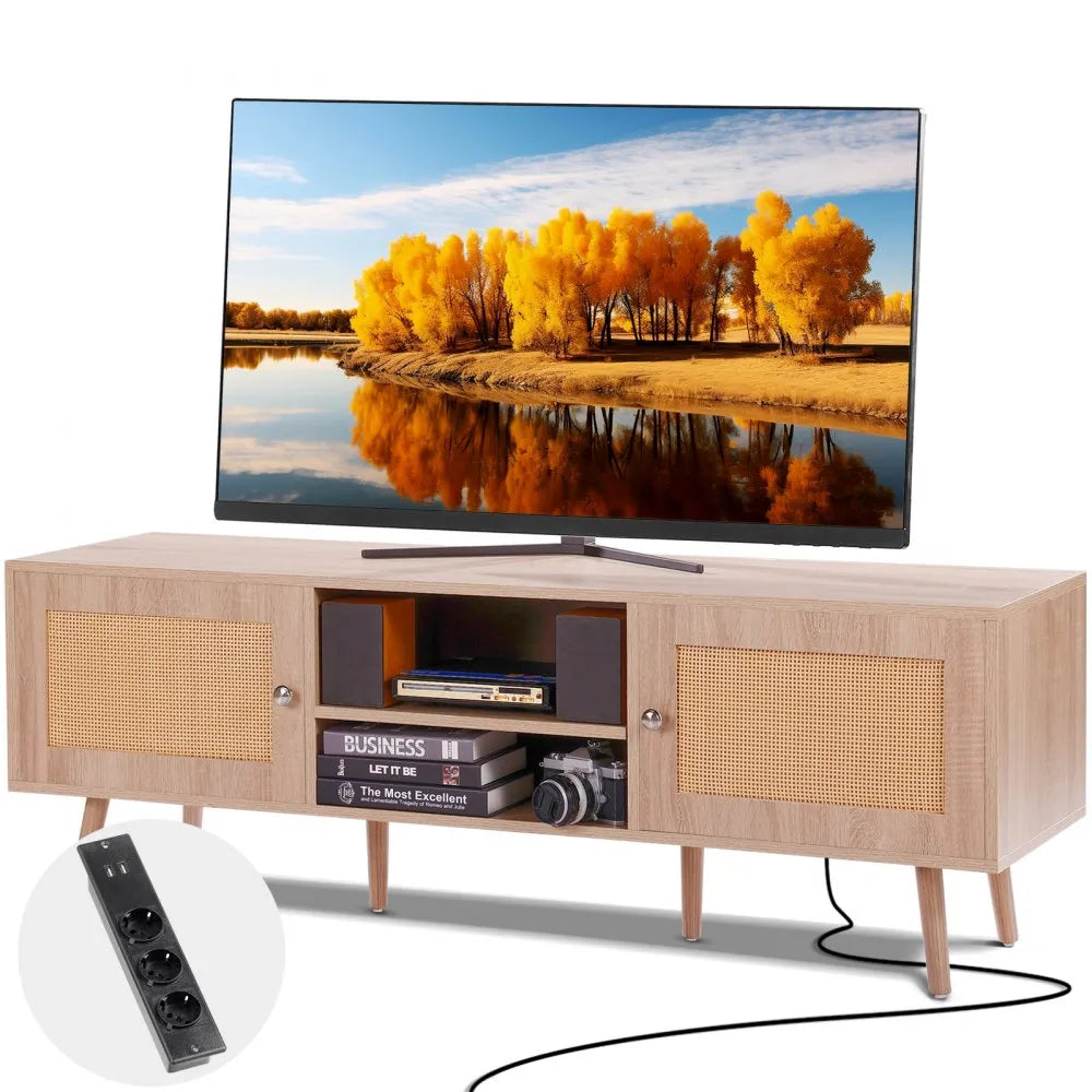 11FJTRTVO1BC - 55in Rattan TV Stand for 65in TVs with USB Ports