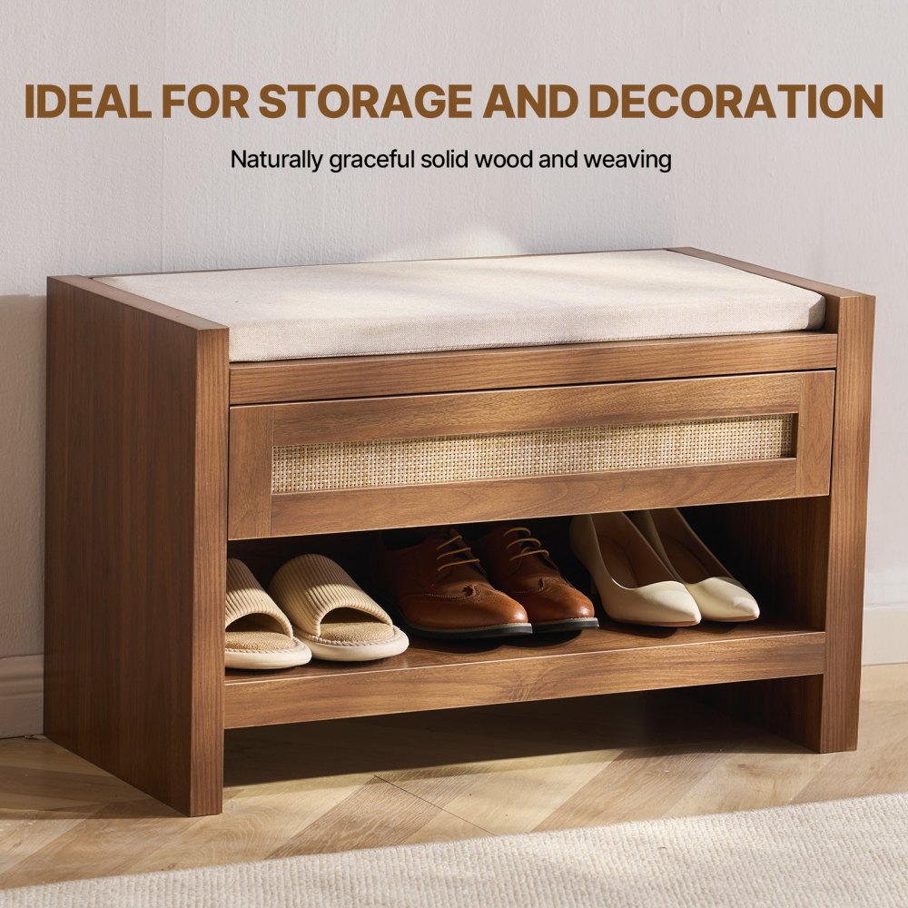 HYXD-04 - Woven Rattan Bench with Cushion & Shoe Storage Shelf