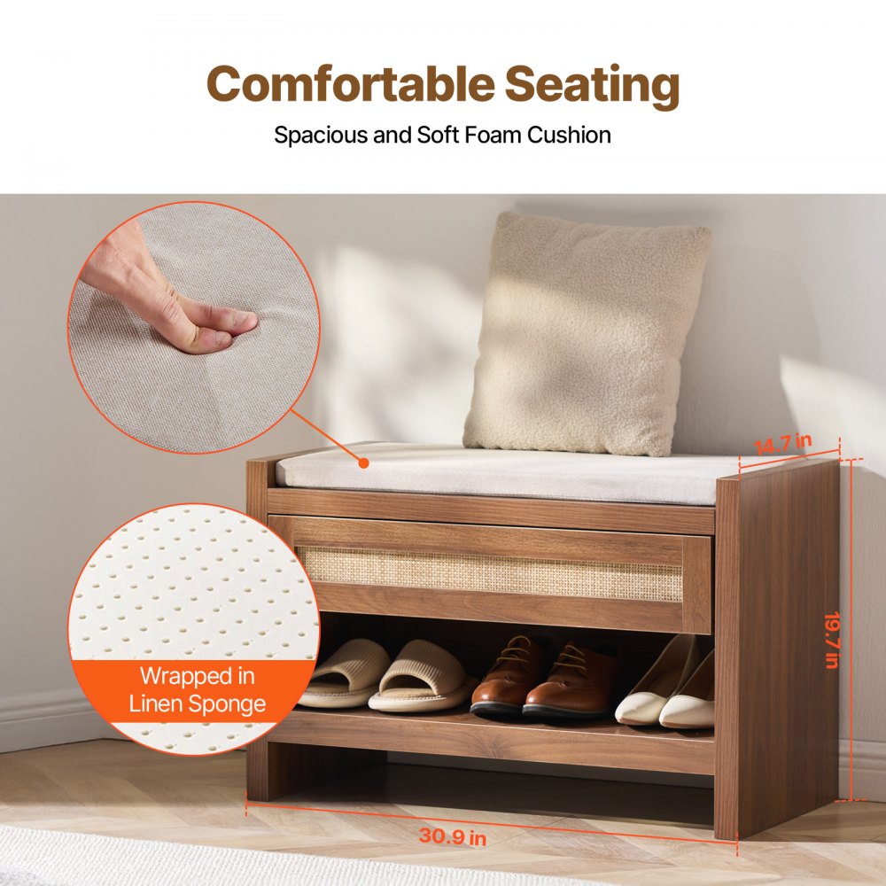 HYXD-04 - Woven Rattan Bench with Cushion & Shoe Storage Shelf