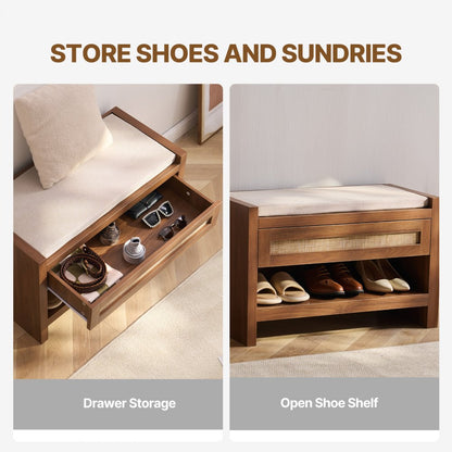 HYXD-04 - Woven Rattan Bench with Cushion & Shoe Storage Shelf