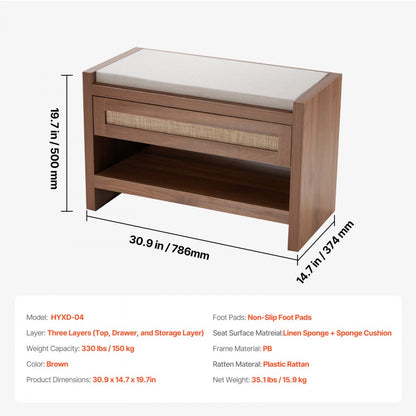HYXD-04 - Woven Rattan Bench with Cushion & Shoe Storage Shelf