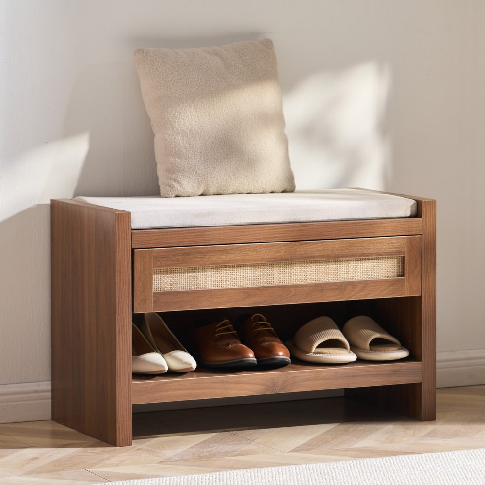 HYXD-04 - Woven Rattan Bench with Cushion & Shoe Storage Shelf