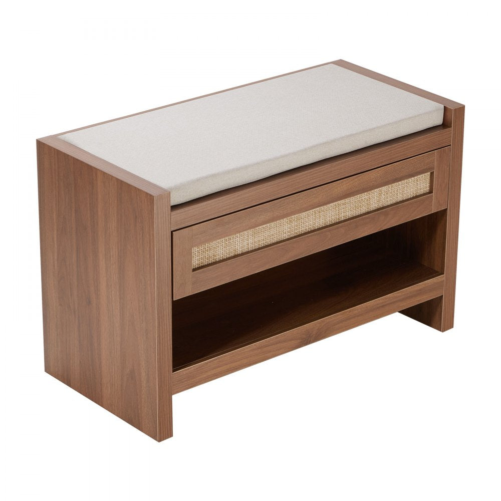 HYXD-04 - Woven Rattan Bench with Cushion & Shoe Storage Shelf