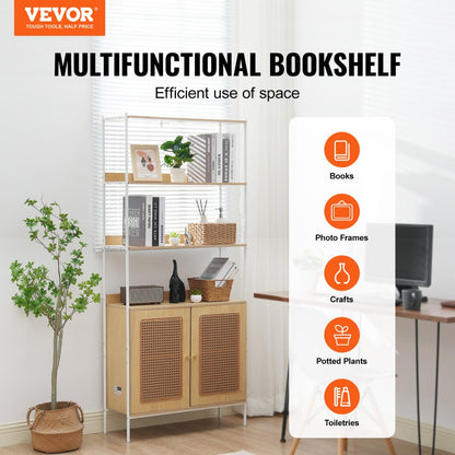 HY-BTJ-008 - Open Rattan Bookshelf with Concealed Storage & Metal Frame