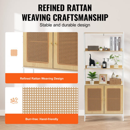 HY-BTJ-008 - Open Rattan Bookshelf with Concealed Storage & Metal Frame