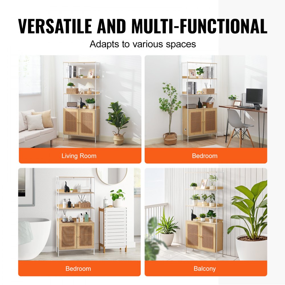 HY-BTJ-008 - Open Rattan Bookshelf with Concealed Storage & Metal Frame