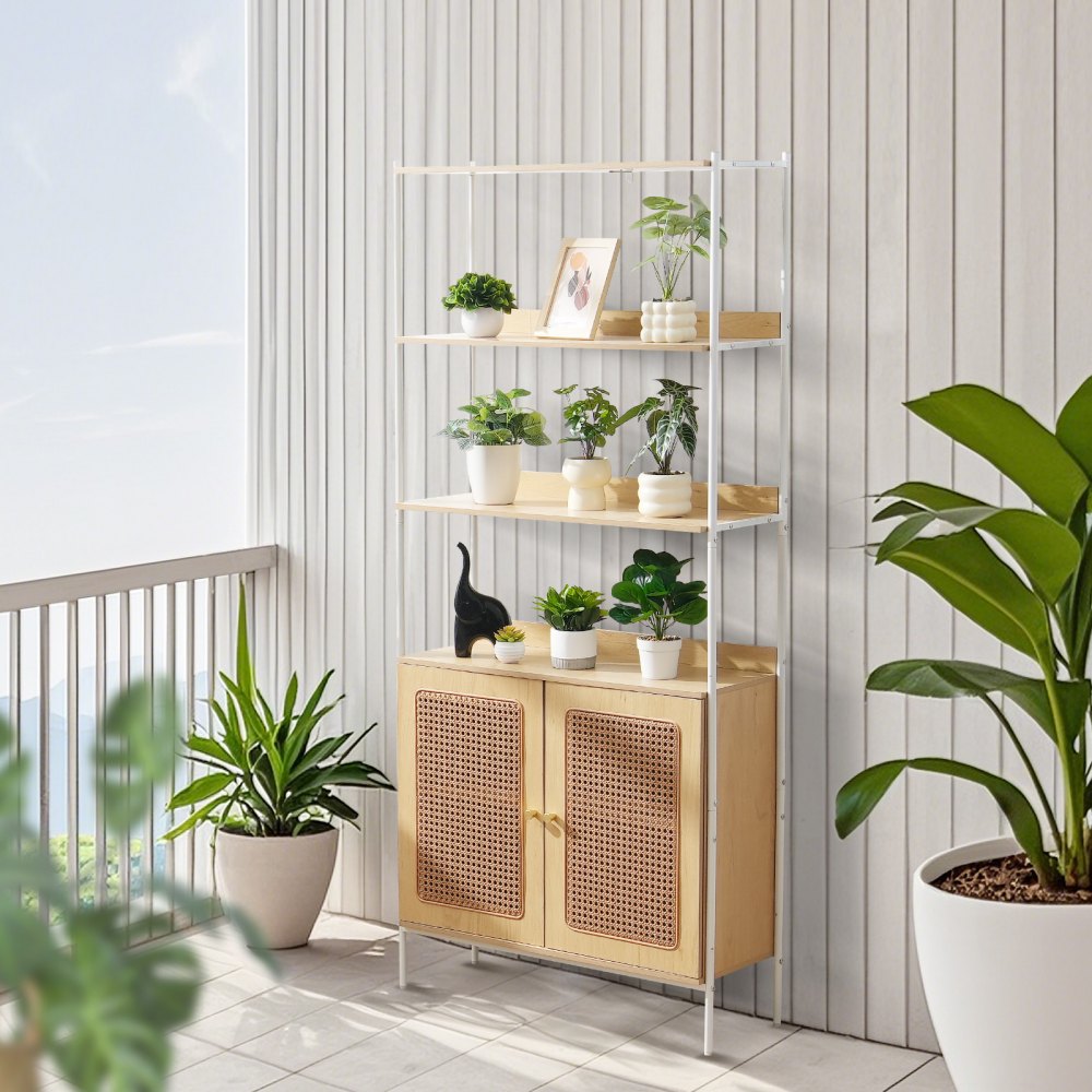 HY-BTJ-008 - Open Rattan Bookshelf with Concealed Storage & Metal Frame