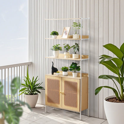 HY-BTJ-008 - Open Rattan Bookshelf with Concealed Storage & Metal Frame