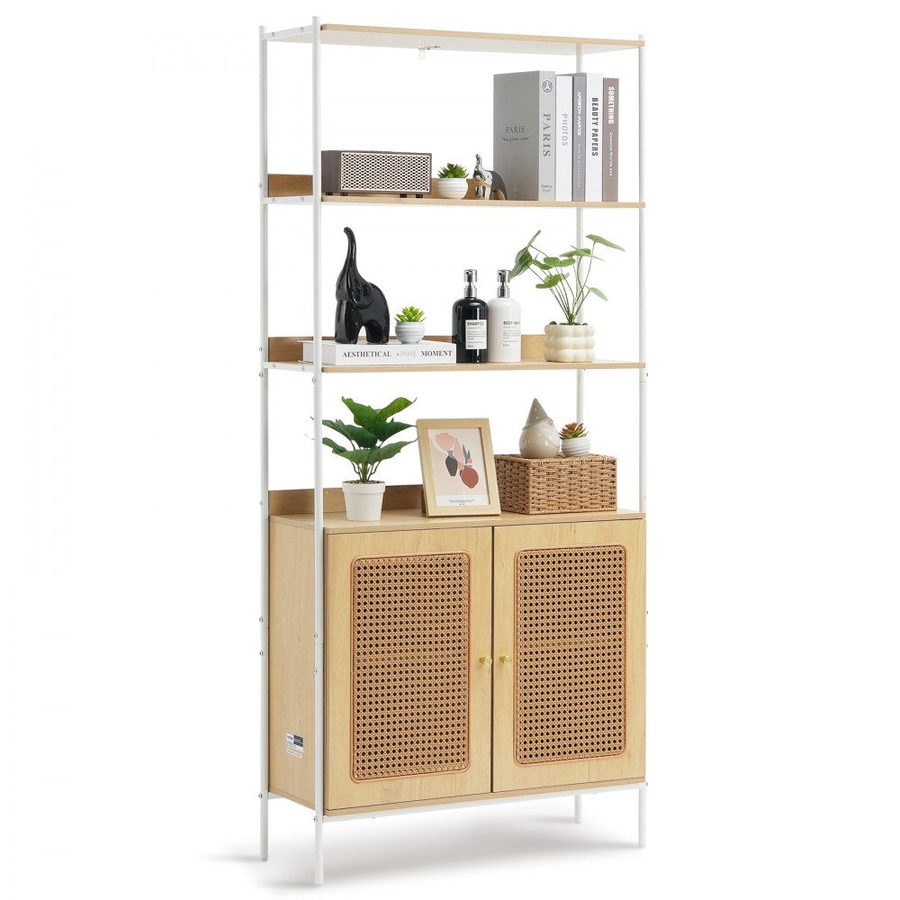 HY-BTJ-008 - Open Rattan Bookshelf with Concealed Storage & Metal Frame