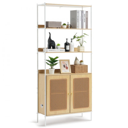 HY-BTJ-008 - Open Rattan Bookshelf with Concealed Storage & Metal Frame