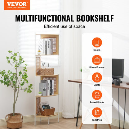 HY-BTZJJ-009 - 5-Tier Rattan Corner Shelf with Metal Frame and Safety Features