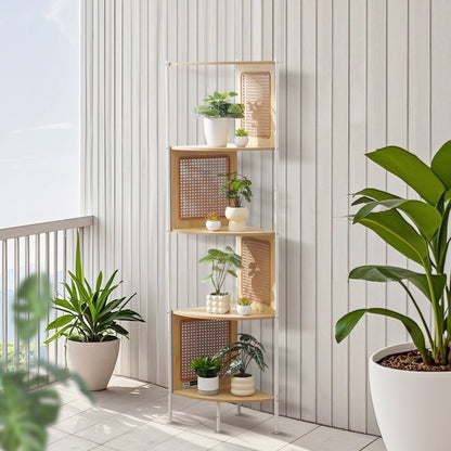 HY-BTZJJ-009 - 5-Tier Rattan Corner Shelf with Metal Frame and Safety Features