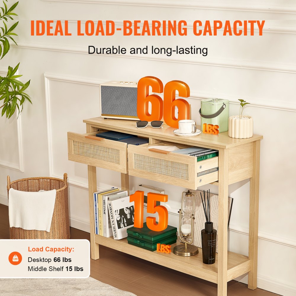 SR191632-1 - VEVOR Rattan Console Table with Drawers & Shelves, 39.37" Long