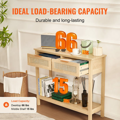 SR191632-1 - VEVOR Rattan Console Table with Drawers & Shelves, 39.37" Long