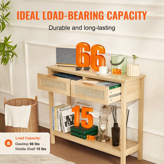 SR191632-1 - VEVOR Rattan Console Table with Drawers & Shelves, 39.37" Long