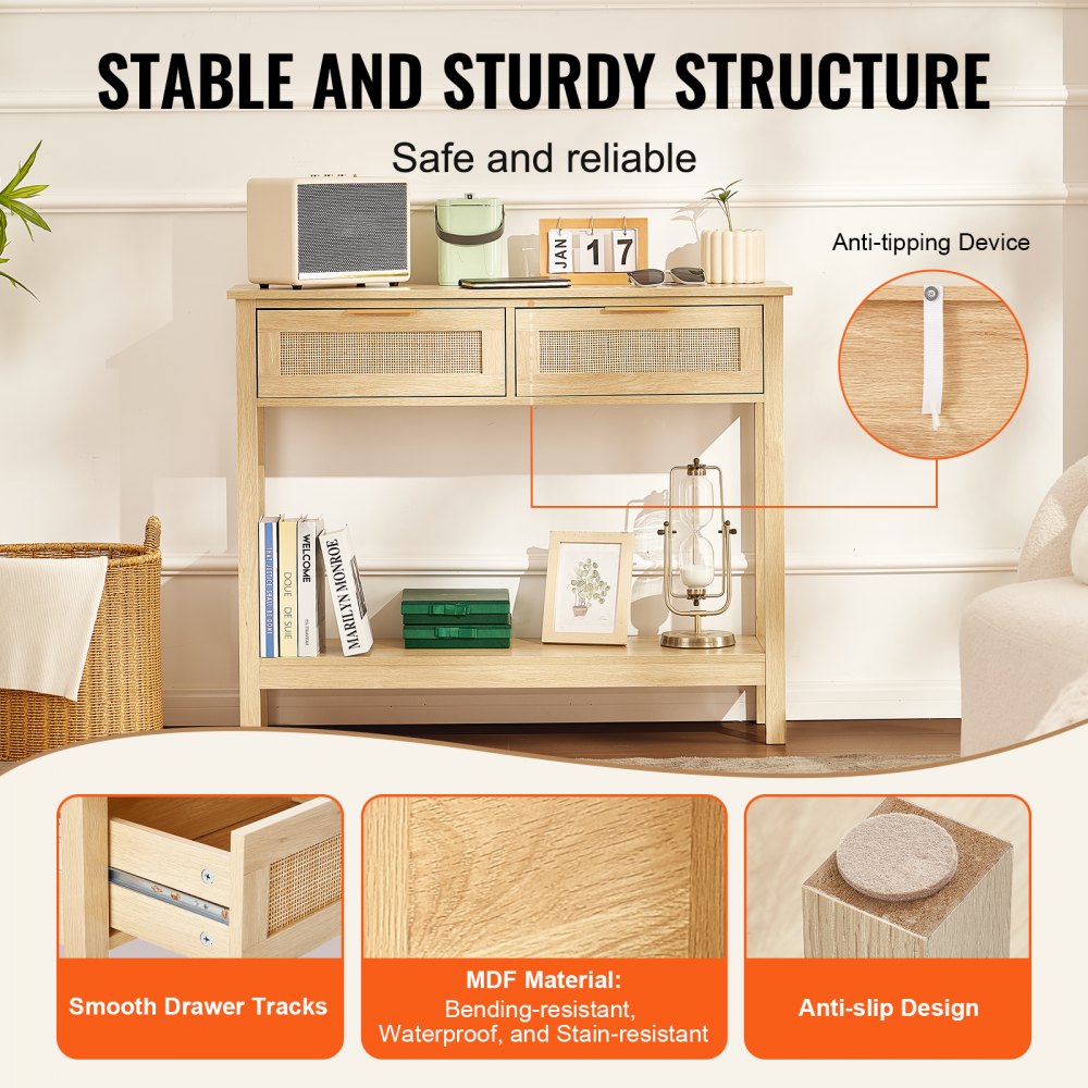 SR191632-1 - VEVOR Rattan Console Table with Drawers & Shelves, 39.37" Long
