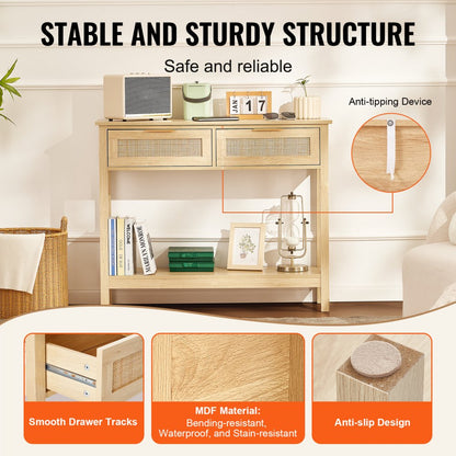 SR191632-1 - VEVOR Rattan Console Table with Drawers & Shelves, 39.37" Long