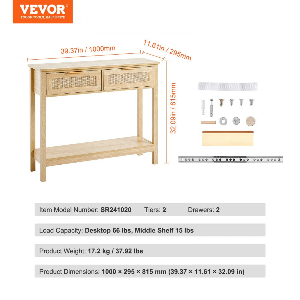 SR191632-1 - VEVOR Rattan Console Table with Drawers & Shelves, 39.37" Long