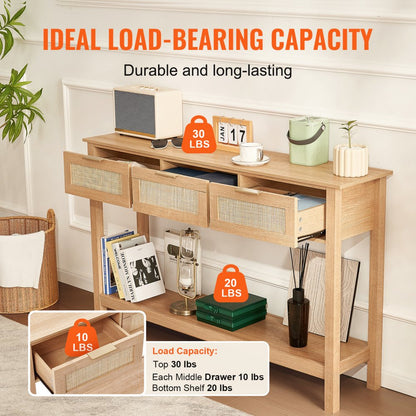 CSF-D24102 - Elegant Rattan Console Table with 3 Drawers, 51.38" Long
