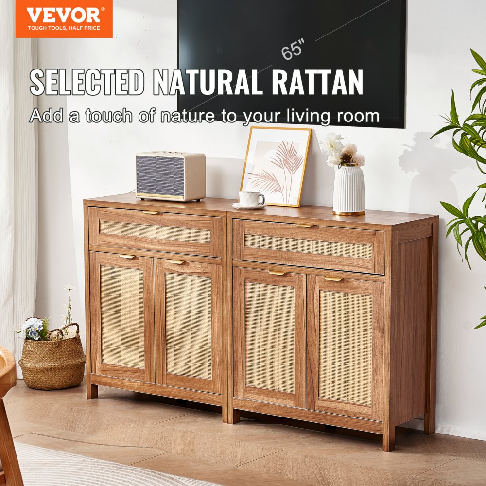 KLSB-01 - Vintage 63" Rattan Buffet Cabinet with Adjustable Shelves