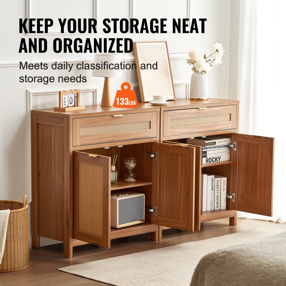 KLSB-01 - Vintage 63" Rattan Buffet Cabinet with Adjustable Shelves