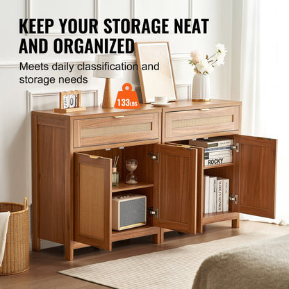 KLSB-01 - Vintage 63" Rattan Buffet Cabinet with Adjustable Shelves