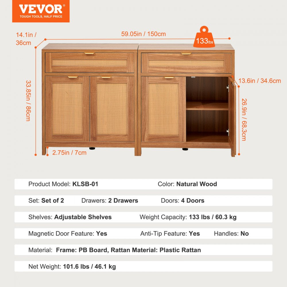 KLSB-01 - Vintage 63" Rattan Buffet Cabinet with Adjustable Shelves