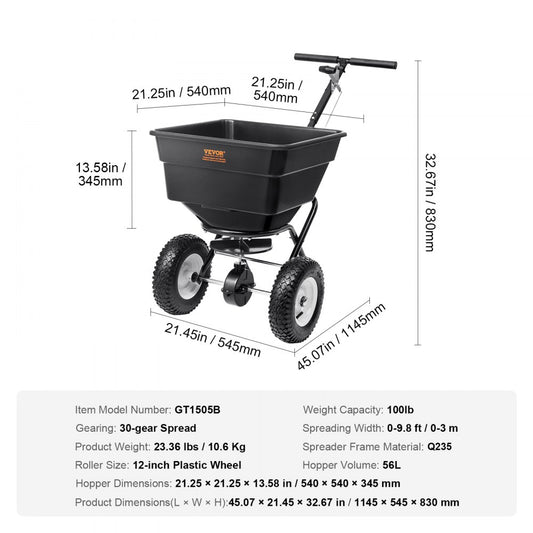 GT1505B - 100 LB Walk-Behind Broadcast Spreader with 56L Hopper