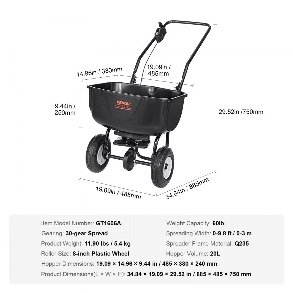 GT1606A - 60LB Walk-Behind Spreader with 20L Hopper & Adjustable Spread Width