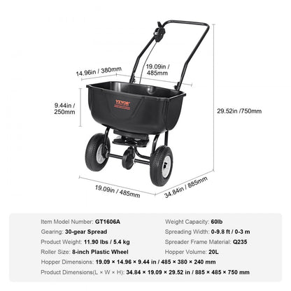 GT1606A - 60LB Walk-Behind Spreader with 20L Hopper & Adjustable Spread Width