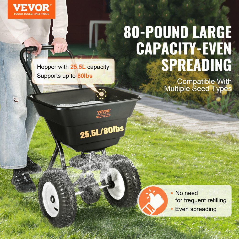 GT1504B - 80 LB Walk-Behind Spreader with 12" Wheels for Easy Lawn Care