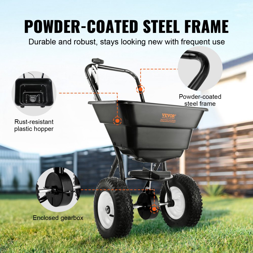 GT1504B - 80 LB Walk-Behind Spreader with 12" Wheels for Easy Lawn Care