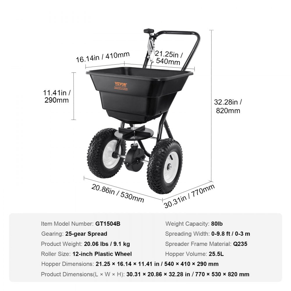 GT1504B - 80 LB Walk-Behind Spreader with 12" Wheels for Easy Lawn Care