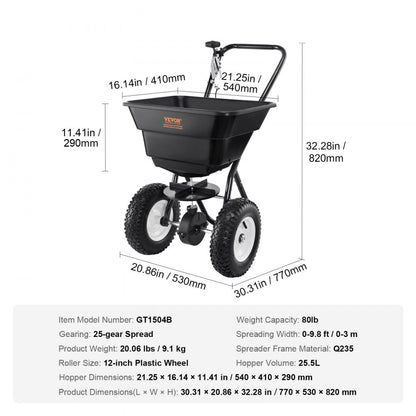 GT1504B - 80 LB Walk-Behind Spreader with 12" Wheels for Easy Lawn Care