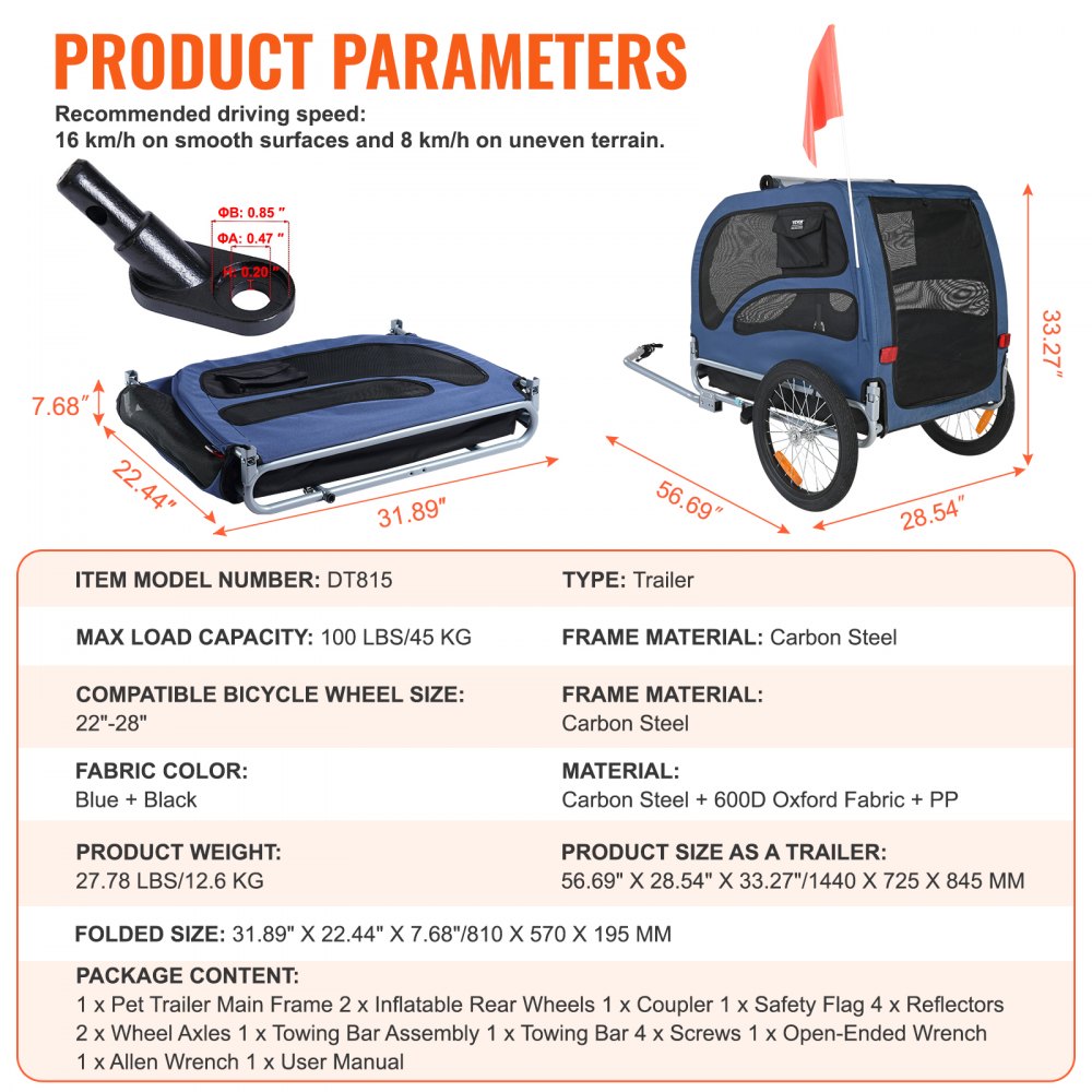 DT815 - VEVOR 31.9" Dog Bike Trailer, Supports Pets Up to 100 lbs