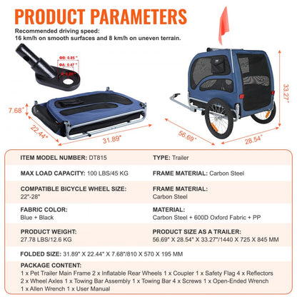DT815 - VEVOR 31.9" Dog Bike Trailer, Supports Pets Up to 100 lbs