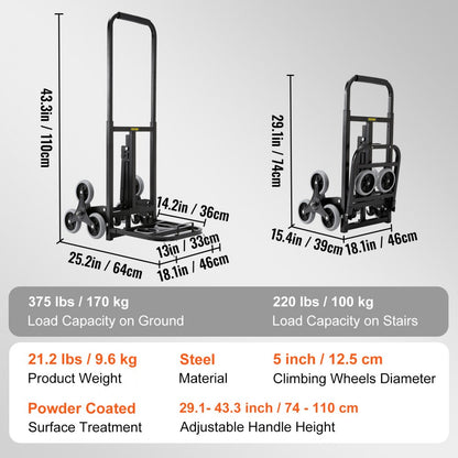 010985920340 - Heavy-Duty VEVOR Stair Climbing Hand Truck, Adjustable Handle & 375 lbs Capacity