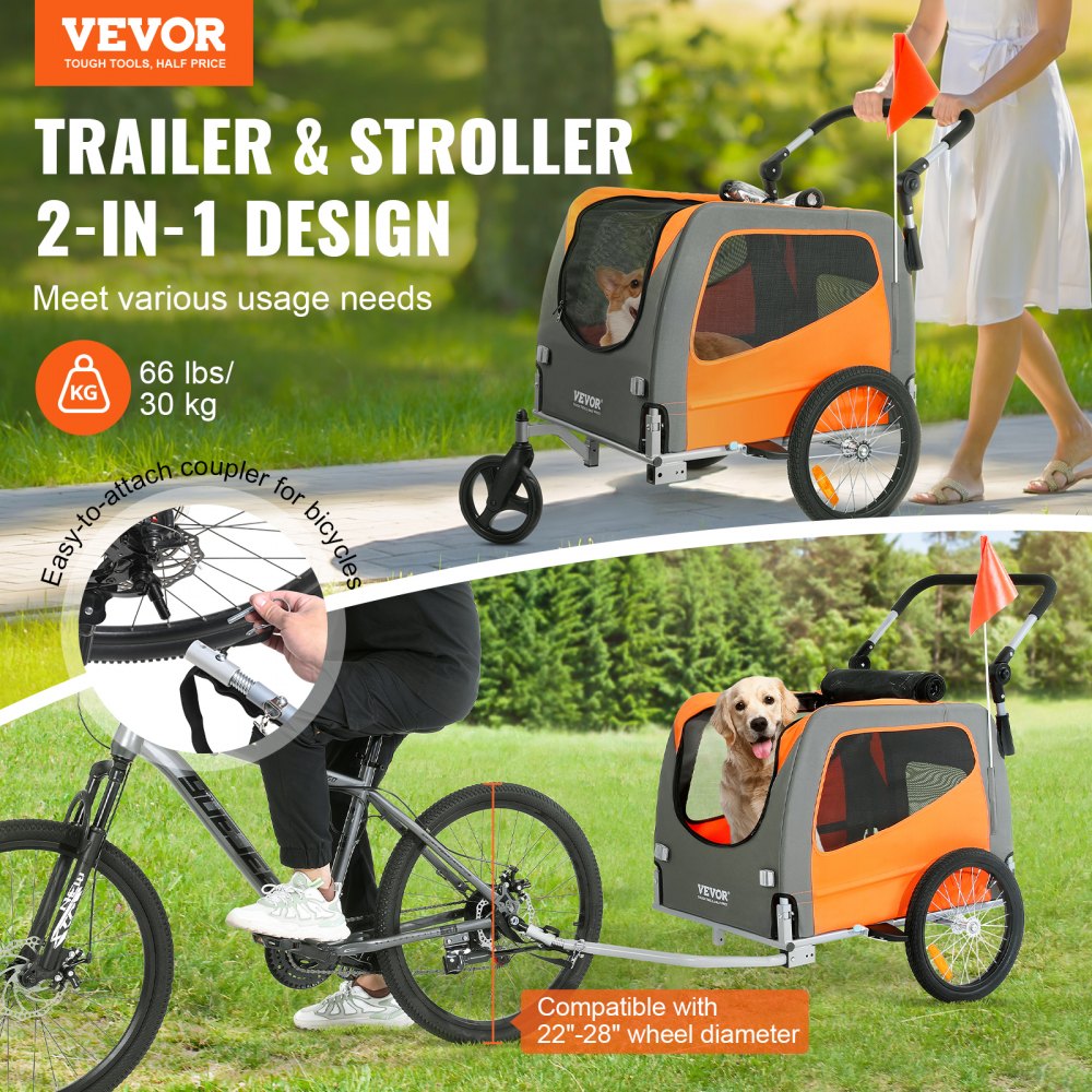 TS806 - Versatile Dog Bike Trailer & Stroller, Supports 66 lbs, Quick Connect
