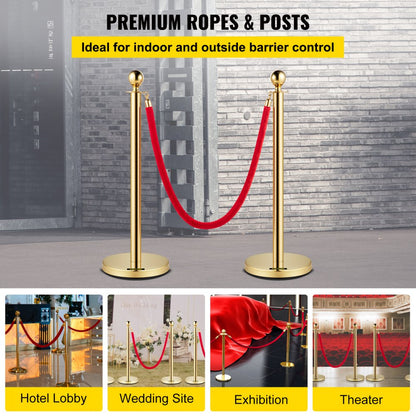 Gold Stanchion 2Pcs - Elegant Stainless Steel Posts with Durable Velvet Ropes