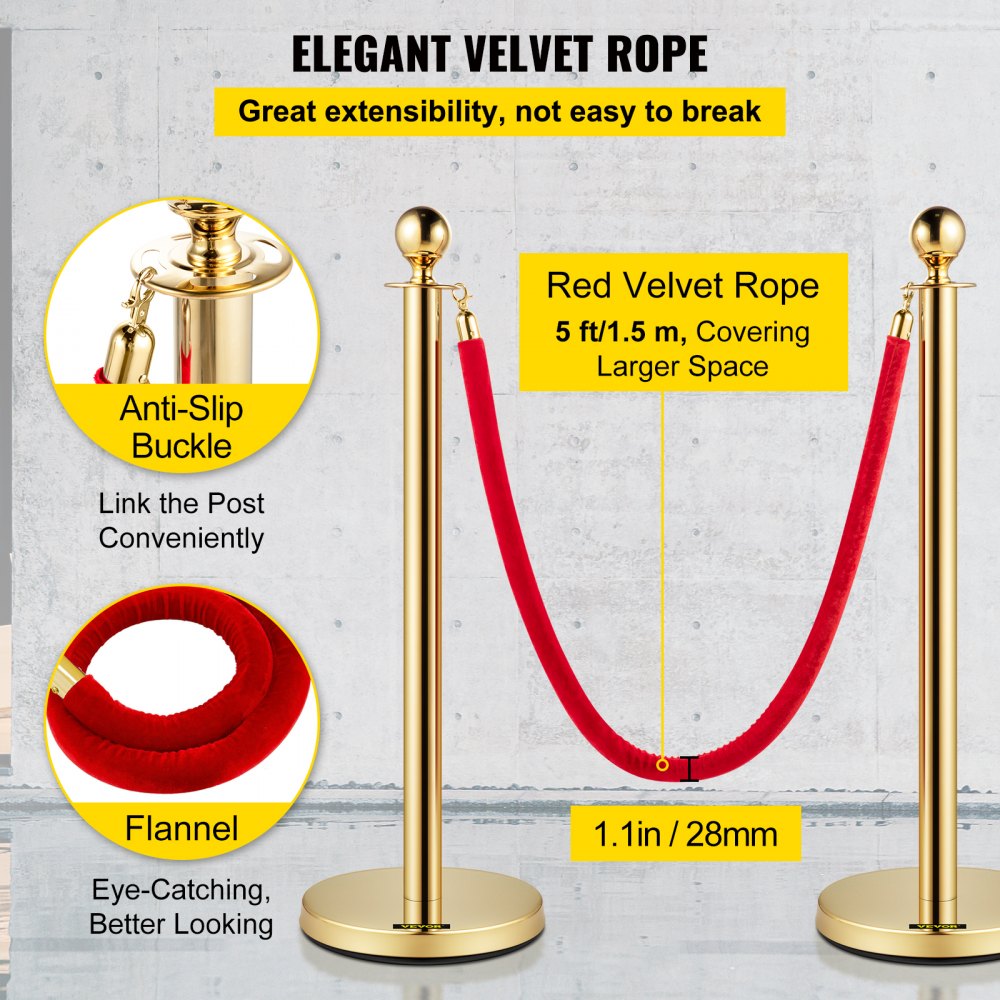 Gold Stanchion 2Pcs - Elegant Stainless Steel Posts with Durable Velvet Ropes