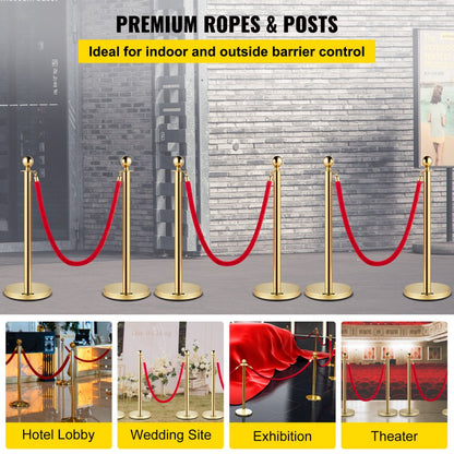 Gold Stanchion 6Pcs - Elegant 5ft Velvet Rope & Steel Posts for Events