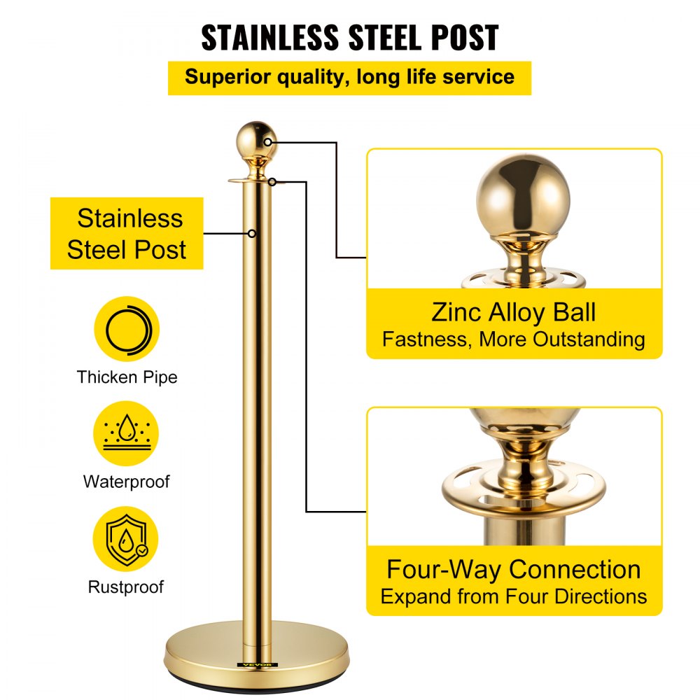 Gold Stanchion 6Pcs - Elegant 5ft Velvet Rope & Steel Posts for Events