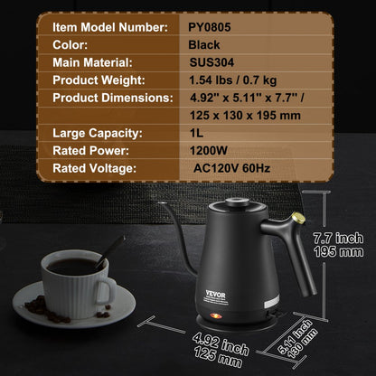 PY0805 - 1L Electric Gooseneck Kettle with Fast Boil & Precise Control