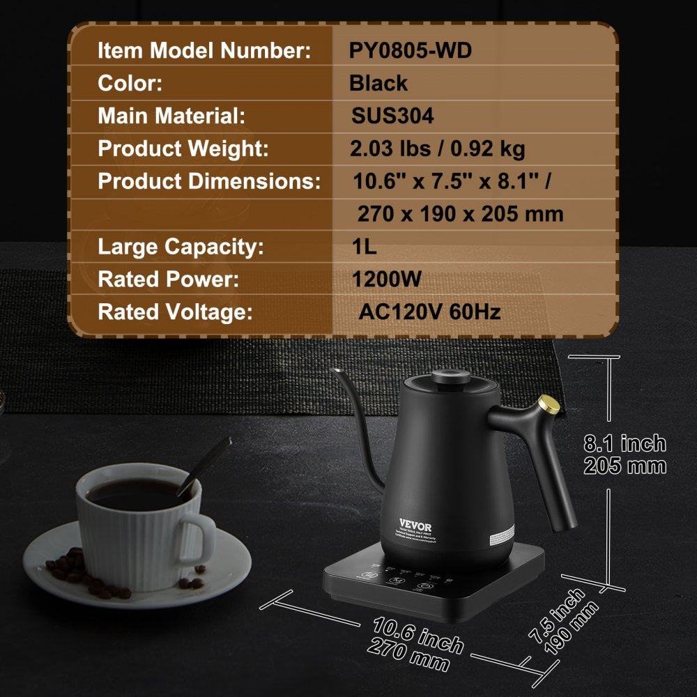 PY0805-WD - 1L Electric Gooseneck Kettle with Temperature Control