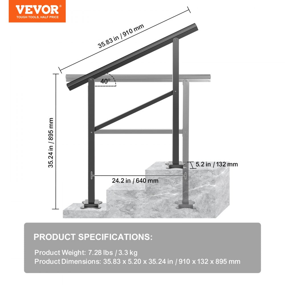 LZHG-3FT - Adjustable 36"x35" Outdoor Aluminum Handrail for 2-3 Steps