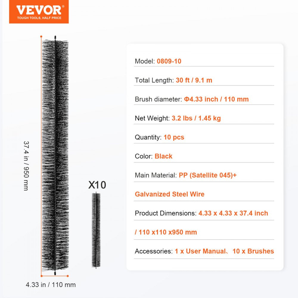 0809-10 - 30ft Gutter Brush, 4.33" Diameter, Durable Debris Barrier