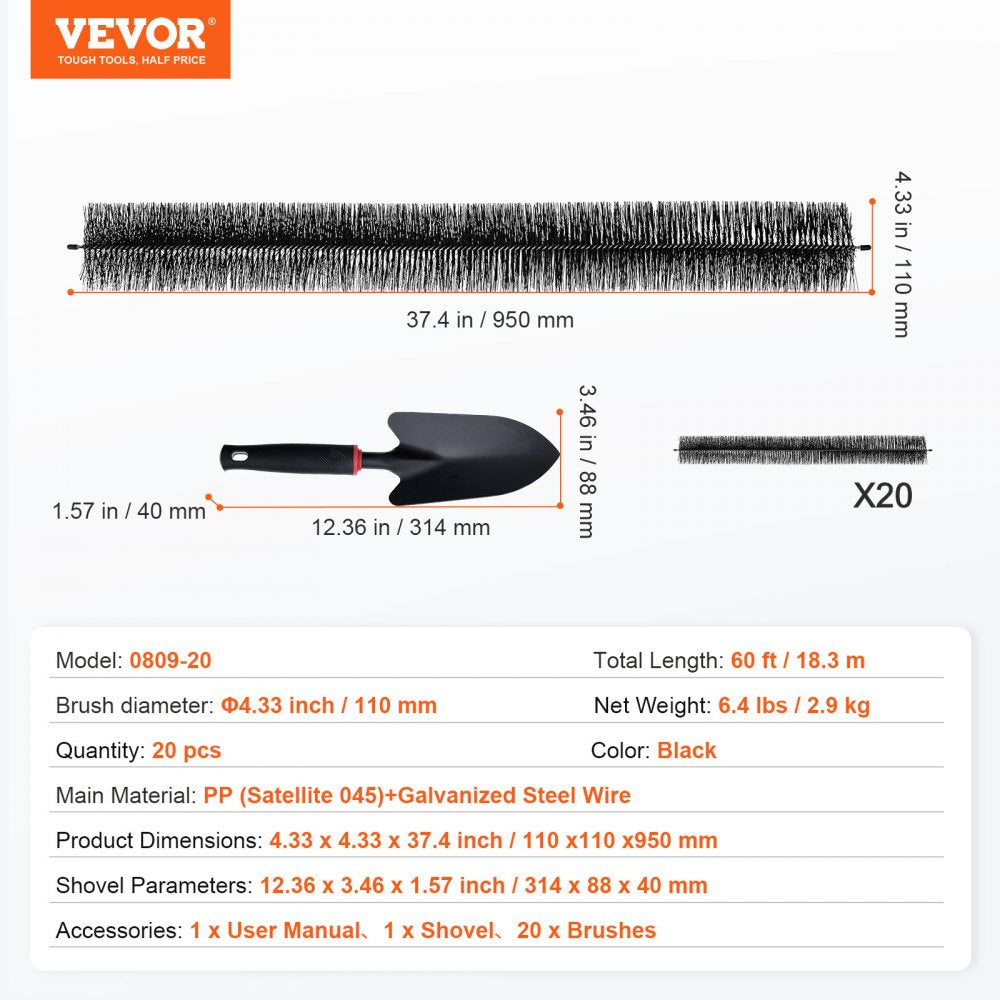 0809-20 - VEVOR 60ft Gutter Brush, 4.3in Diameter Leaf & Bird Guard