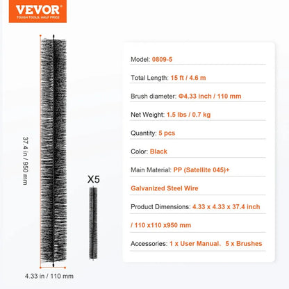 0809-5 - 15 Feet Gutter Brush, 4.33" Diameter for Leaf Protection